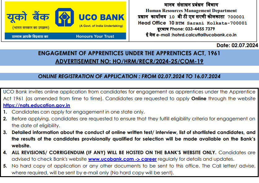 UCO Bank Apprentice Recruitment 2024